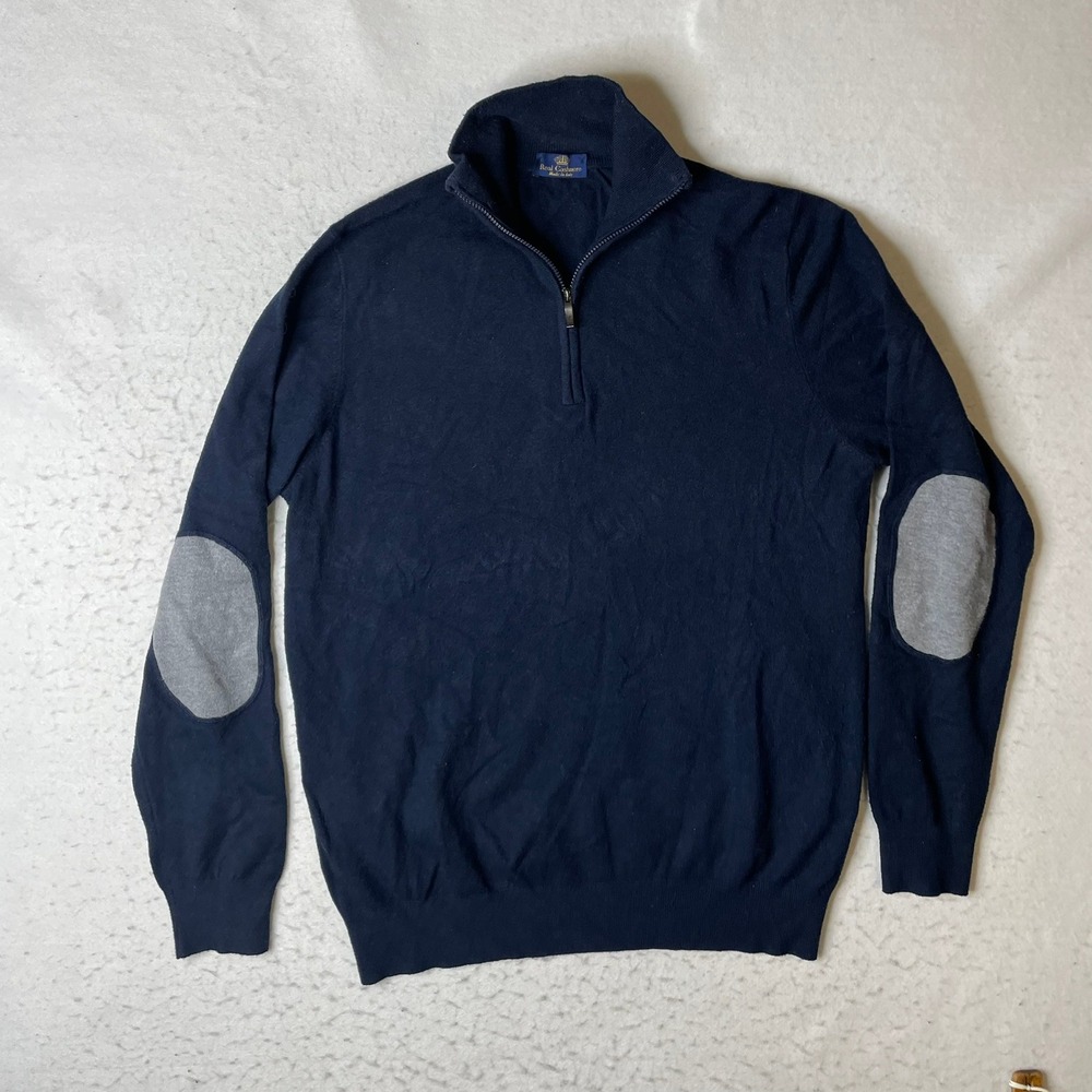 Real Cashmere Quarter Zip Sweater Mens IT 50 Navy Blue Wool Blend Elbow Patches
